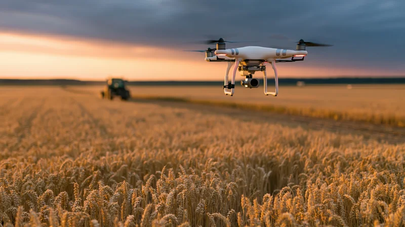 Drone hovering over golden wheat field with tractor in background at sunset