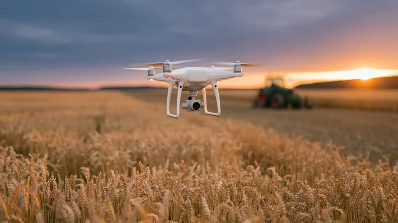 Drone hovering over golden wheat field with tractor in background at sunset