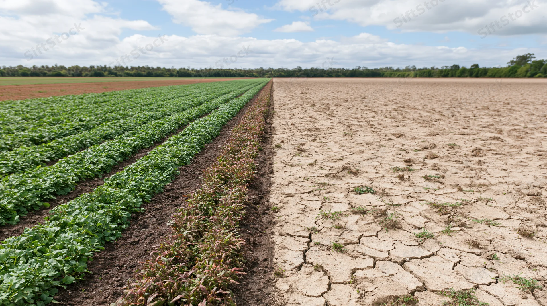 Agricultural field split between lush green crop rows and dry cracked soil under partly cloudy sky