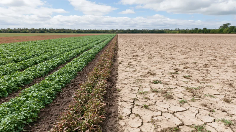 Agricultural field split between lush green crop rows and dry cracked soil under partly cloudy sky