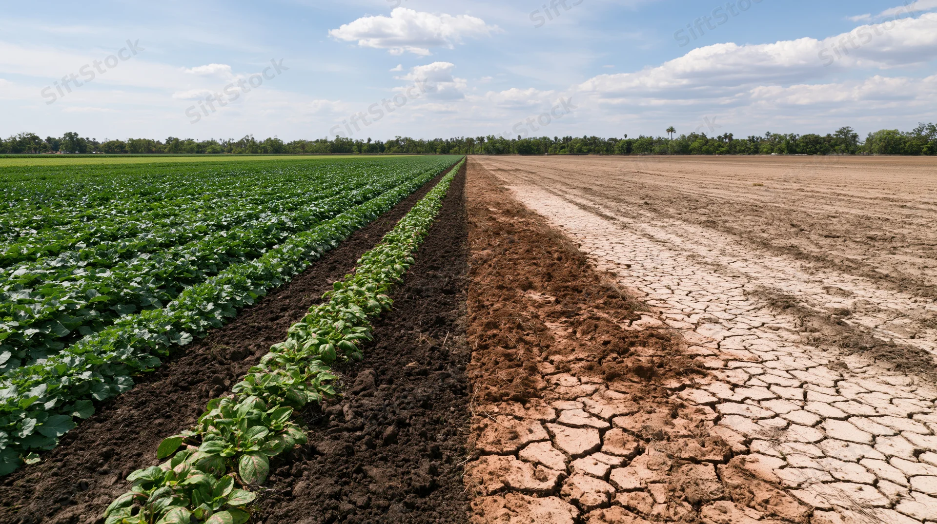 Agricultural field split between lush green crop rows and dry cracked soil under blue sky