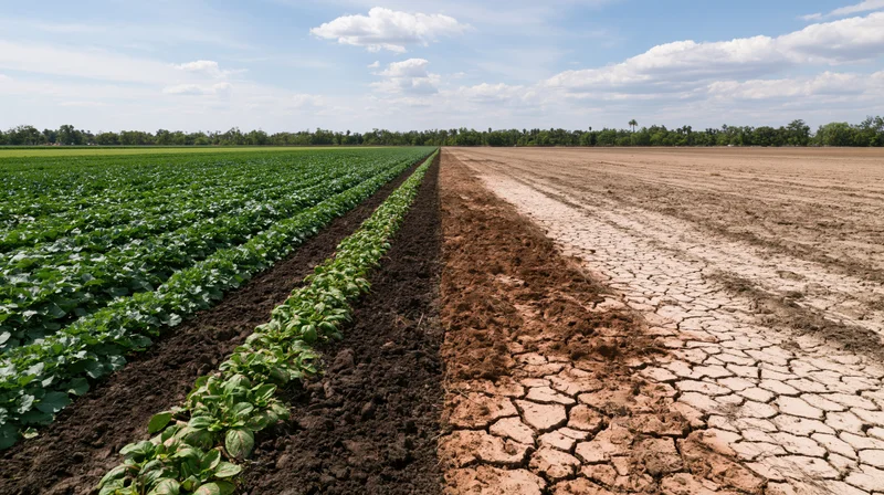 Agricultural field split between lush green crop rows and dry cracked soil under blue sky