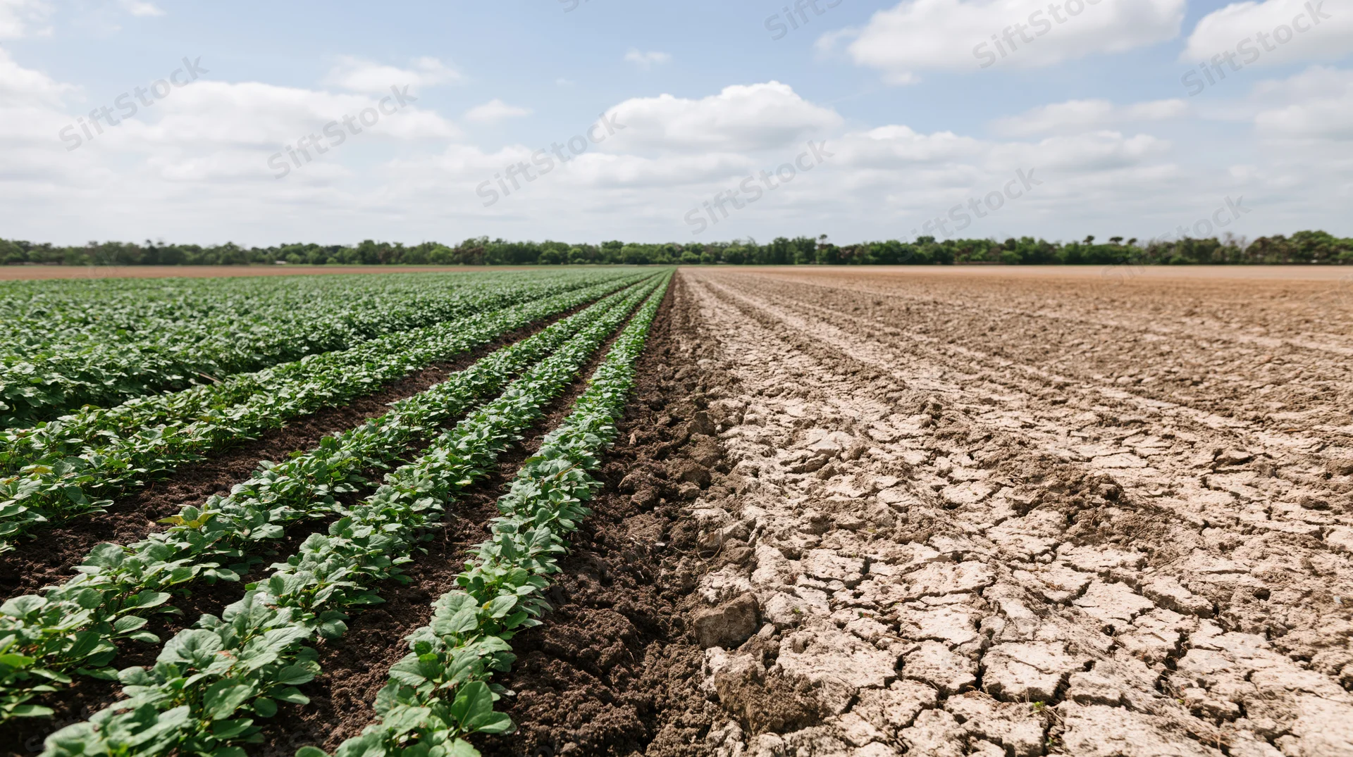 Agricultural field split between lush green crop rows and dry cracked soil under partly cloudy sky