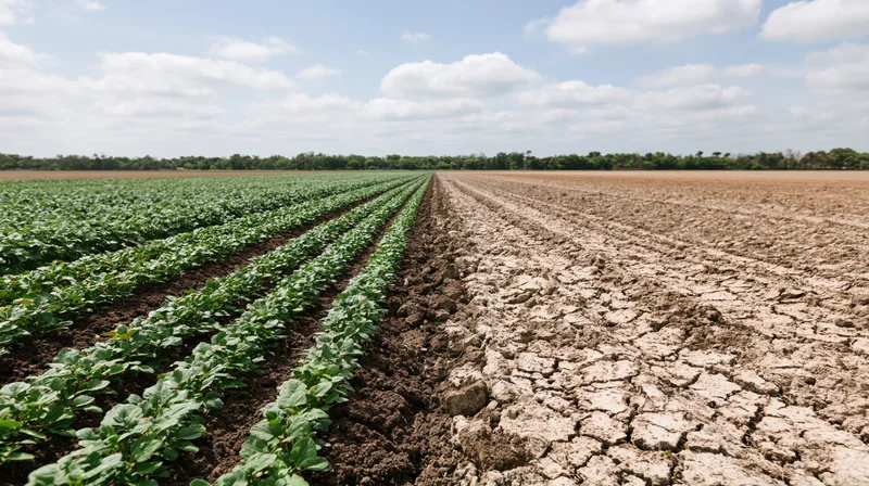 Agricultural field split between lush green crop rows and dry cracked soil under partly cloudy sky