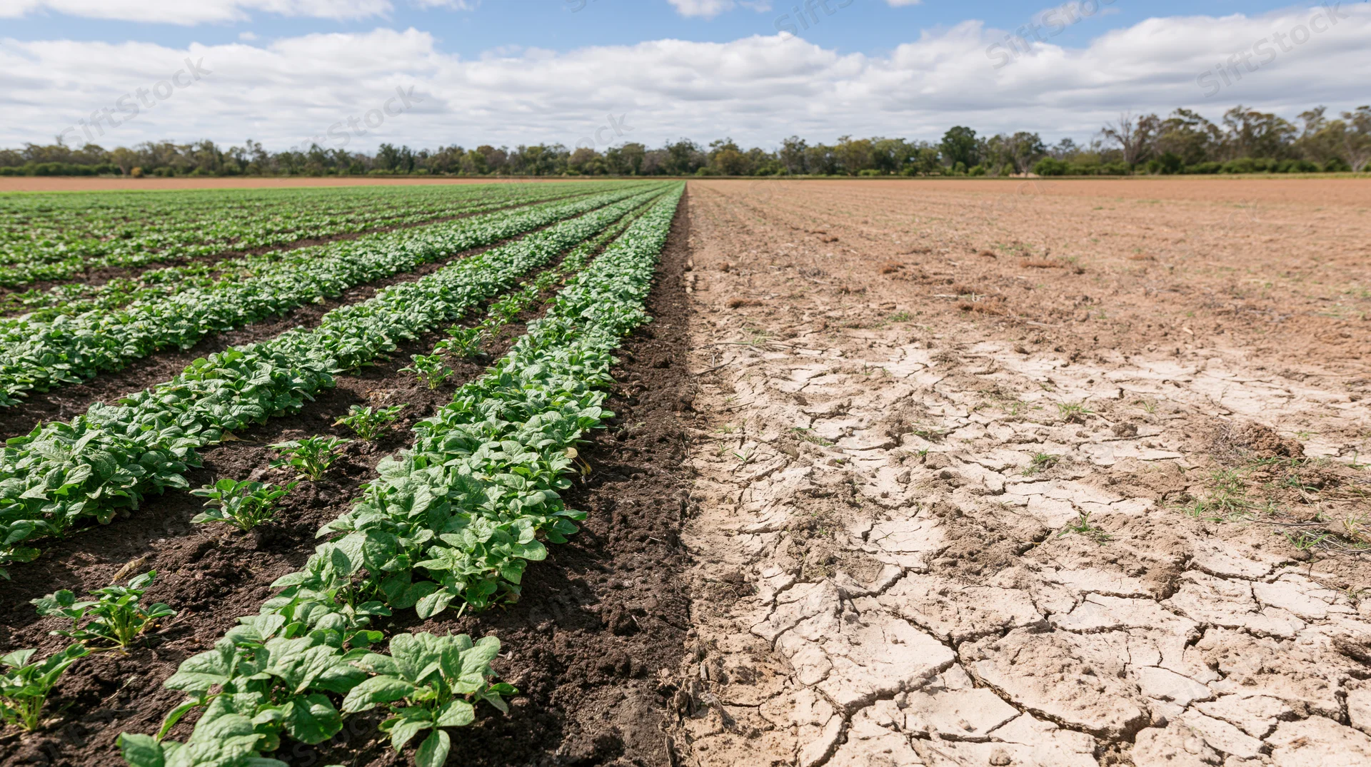 Agricultural field split between lush green crop rows and dry cracked soil under partly cloudy sky