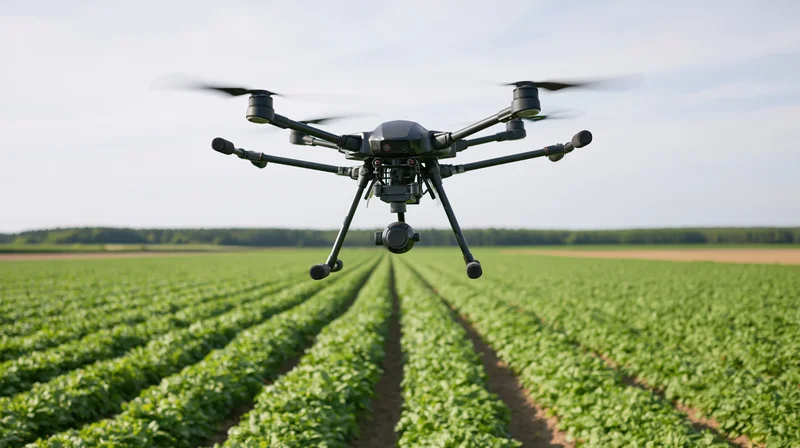 Agricultural hexacopter drone hovering over rows of crops