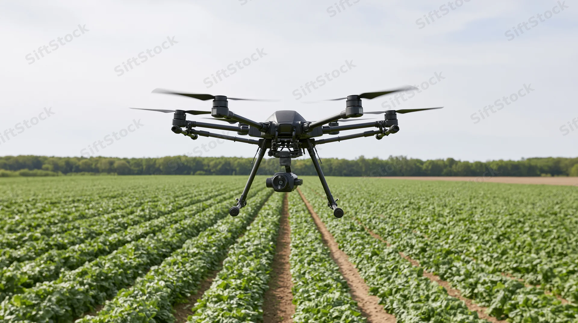 Hexacopter drone hovering low over neat rows of soybean crops in a field