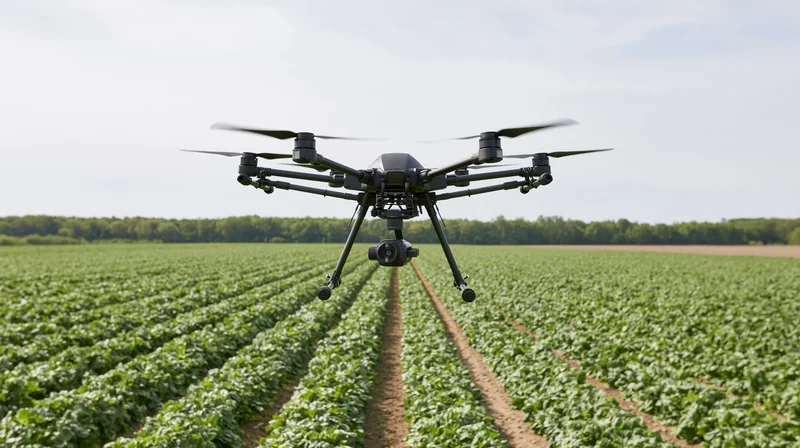 Hexacopter drone hovering low over neat rows of soybean crops in a field