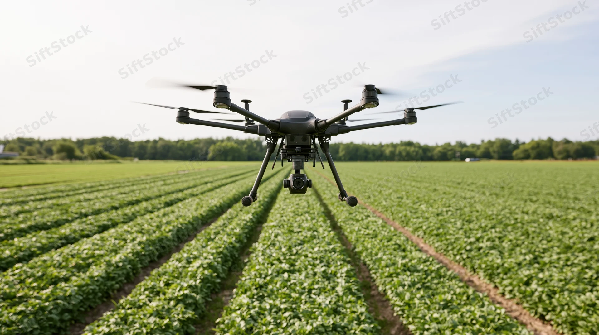 Hexacopter drone hovering low over neat rows of green crops in a farm field