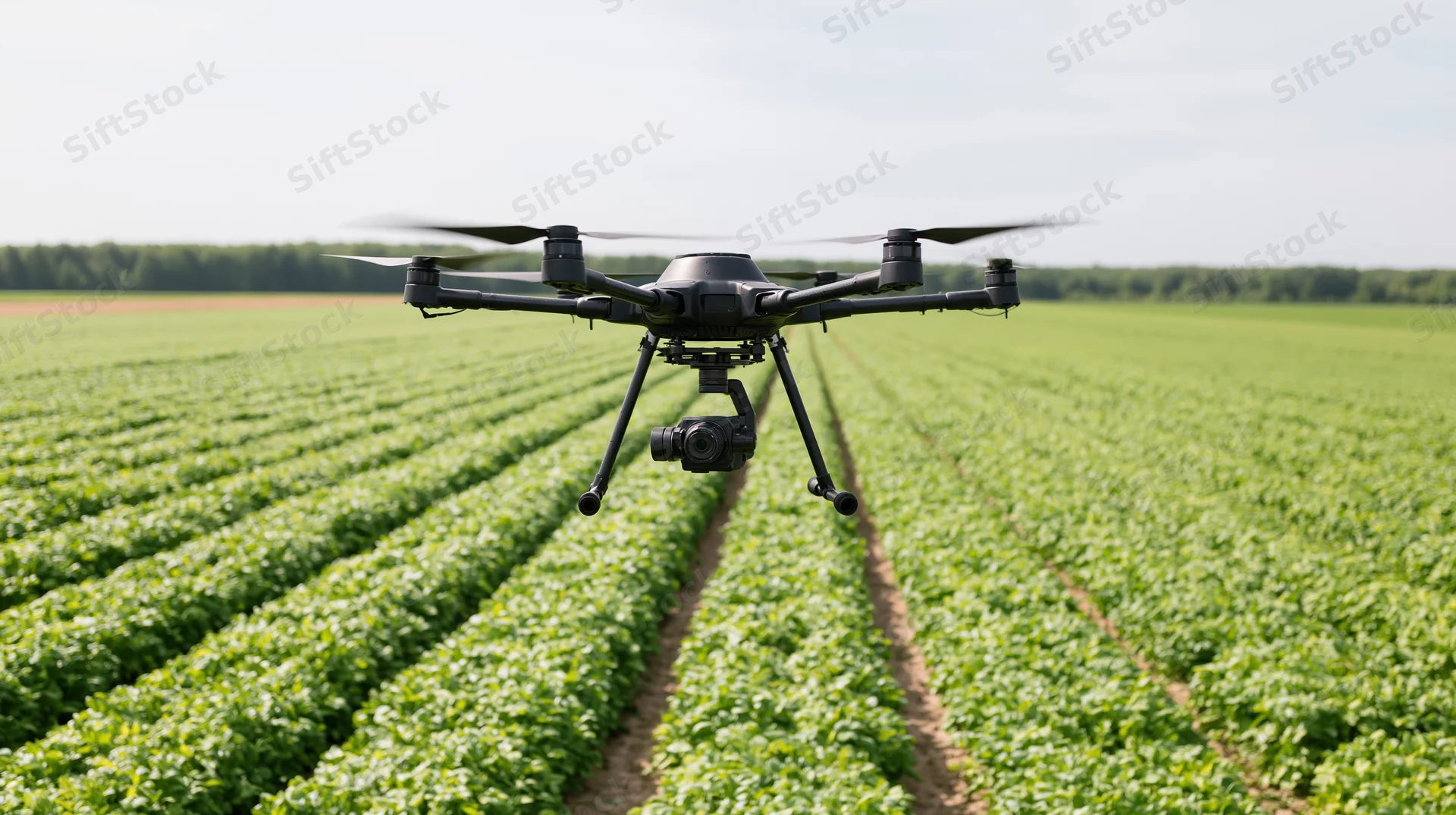 Hexacopter drone hovering over rows of green crops in a farm field