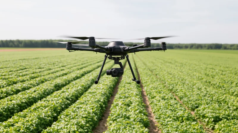 Hexacopter drone hovering over rows of green crops in a farm field
