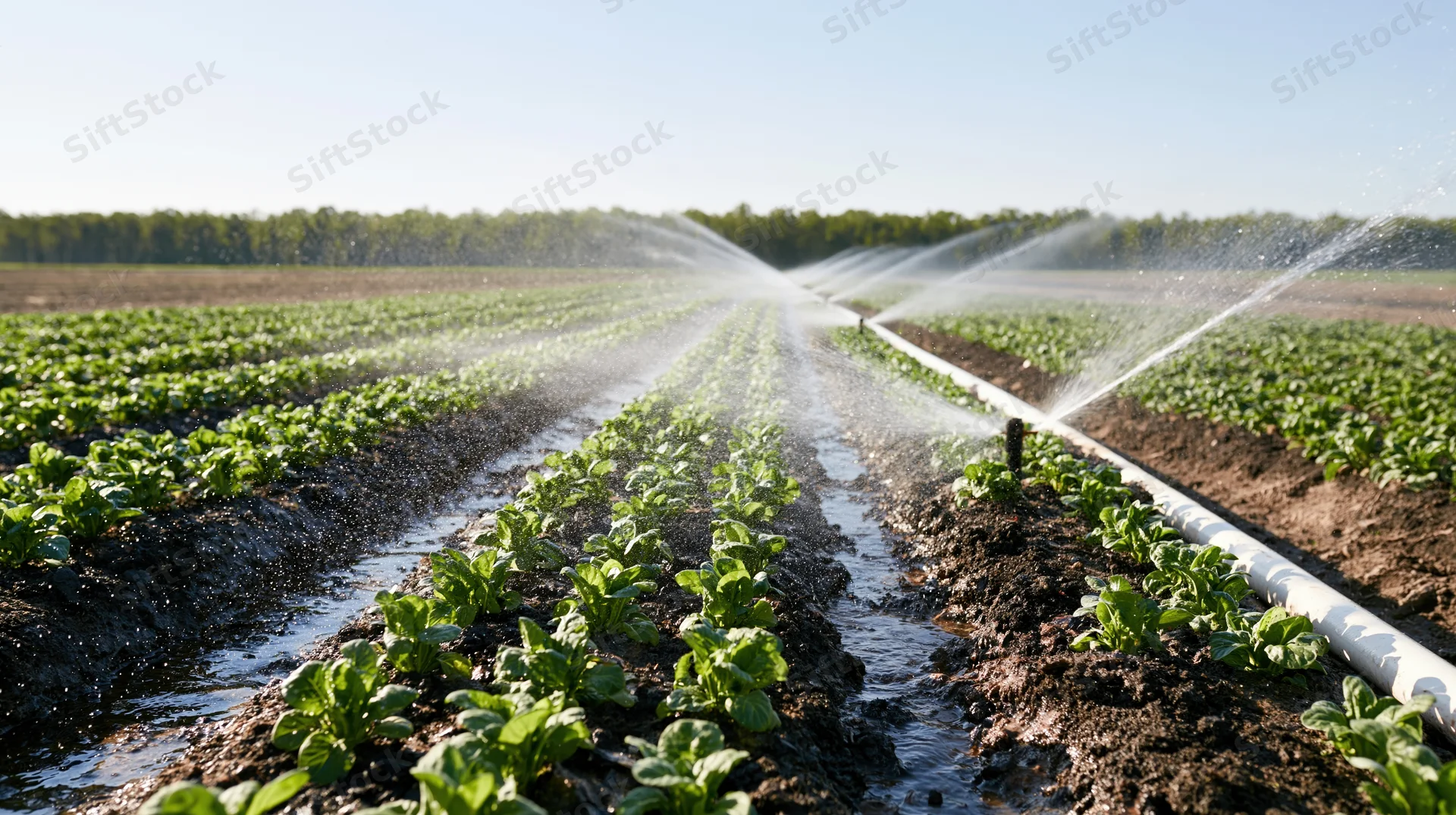 Sprinklers watering rows of young lettuce plants in a farm field under sunlight