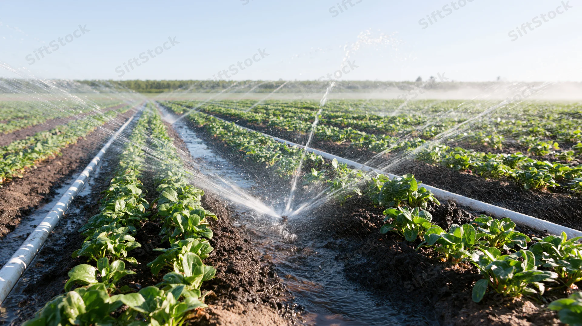 Sprinklers spraying water across rows of young soybean plants in a farm field