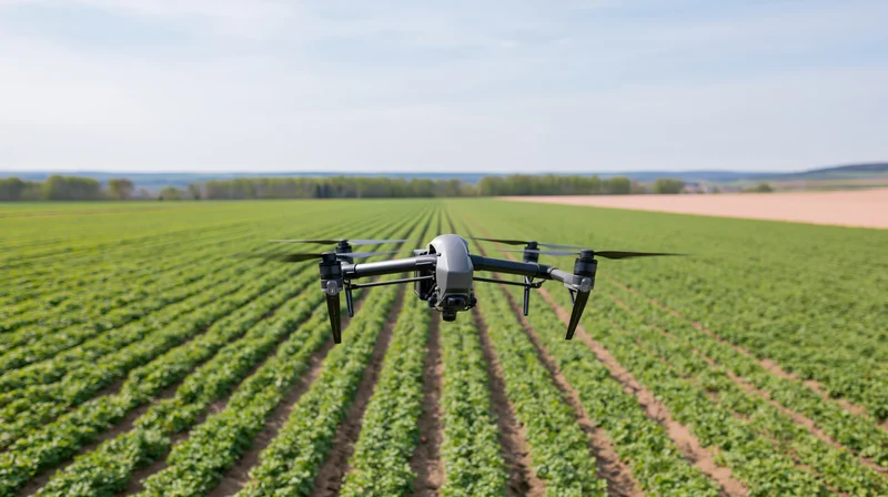 Drone hovering over rows of crops in a farm field