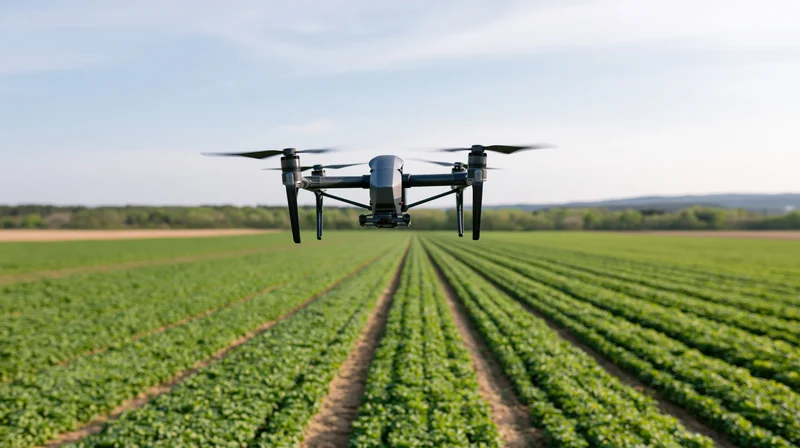 Drone hovering over rows of green crops in a farm field