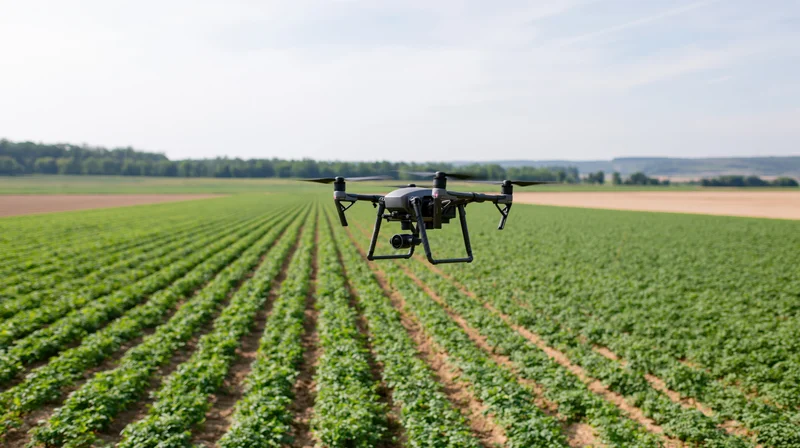 Drone hovering low over neat rows of green crops in a farm field