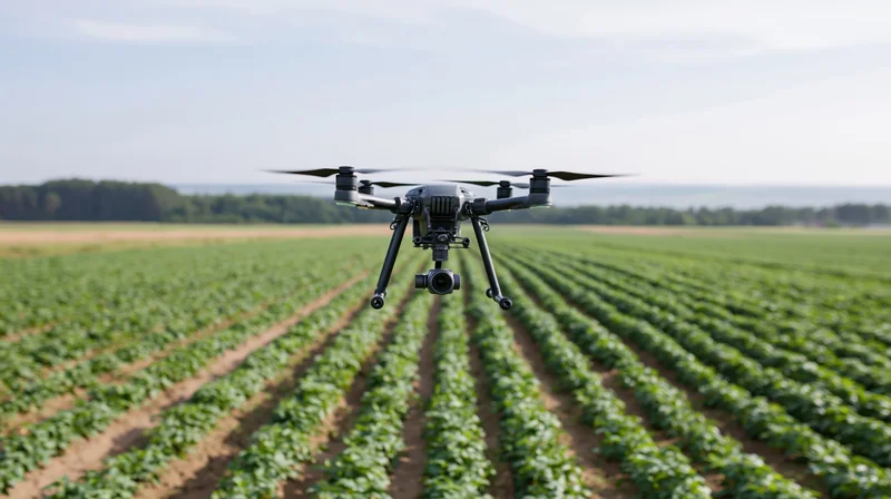 Agricultural quadcopter drone hovering over rows of crops