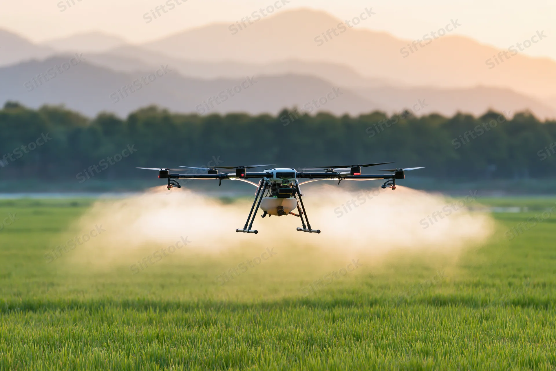 Agricultural sprayer drone hovering low over a green rice field at sunset