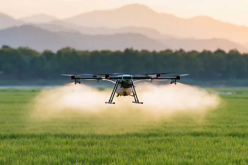 Agricultural sprayer drone hovering low over a green rice field at sunset