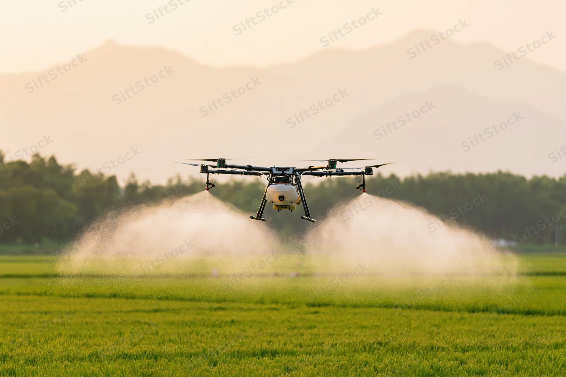 Agricultural drone spraying crops over a green rice field at sunset