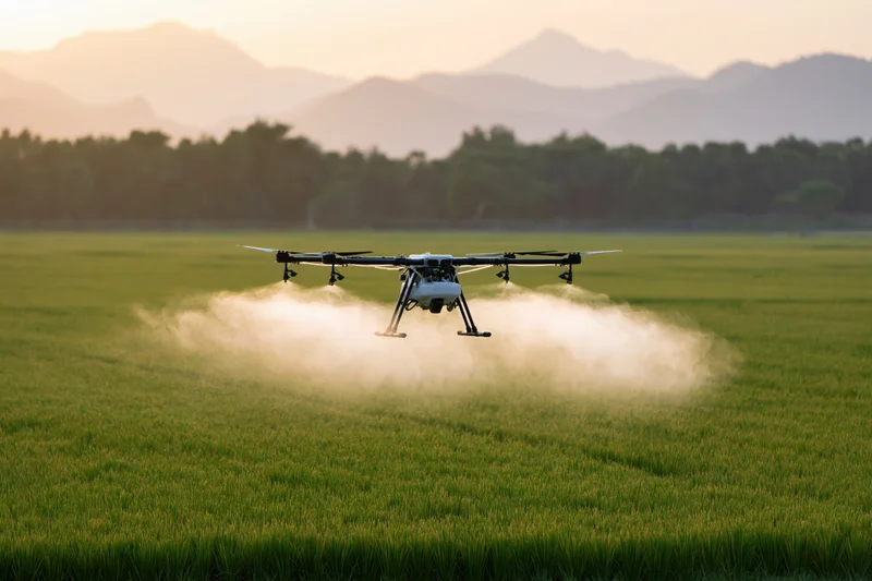 Drone spraying crop field with mist at sunset over green rice farm
