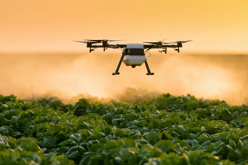 Drone hovering over a green crop field during sunset spraying mist
