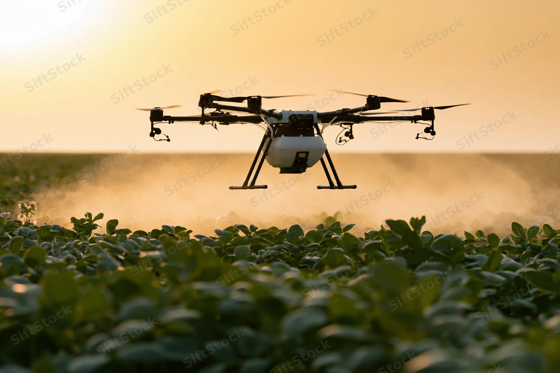 Drone hovering low over a dense green field spraying crops at sunset