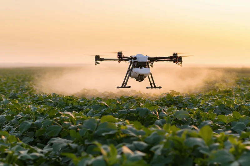 Drone hovering low over a soybean field at sunset spraying crops