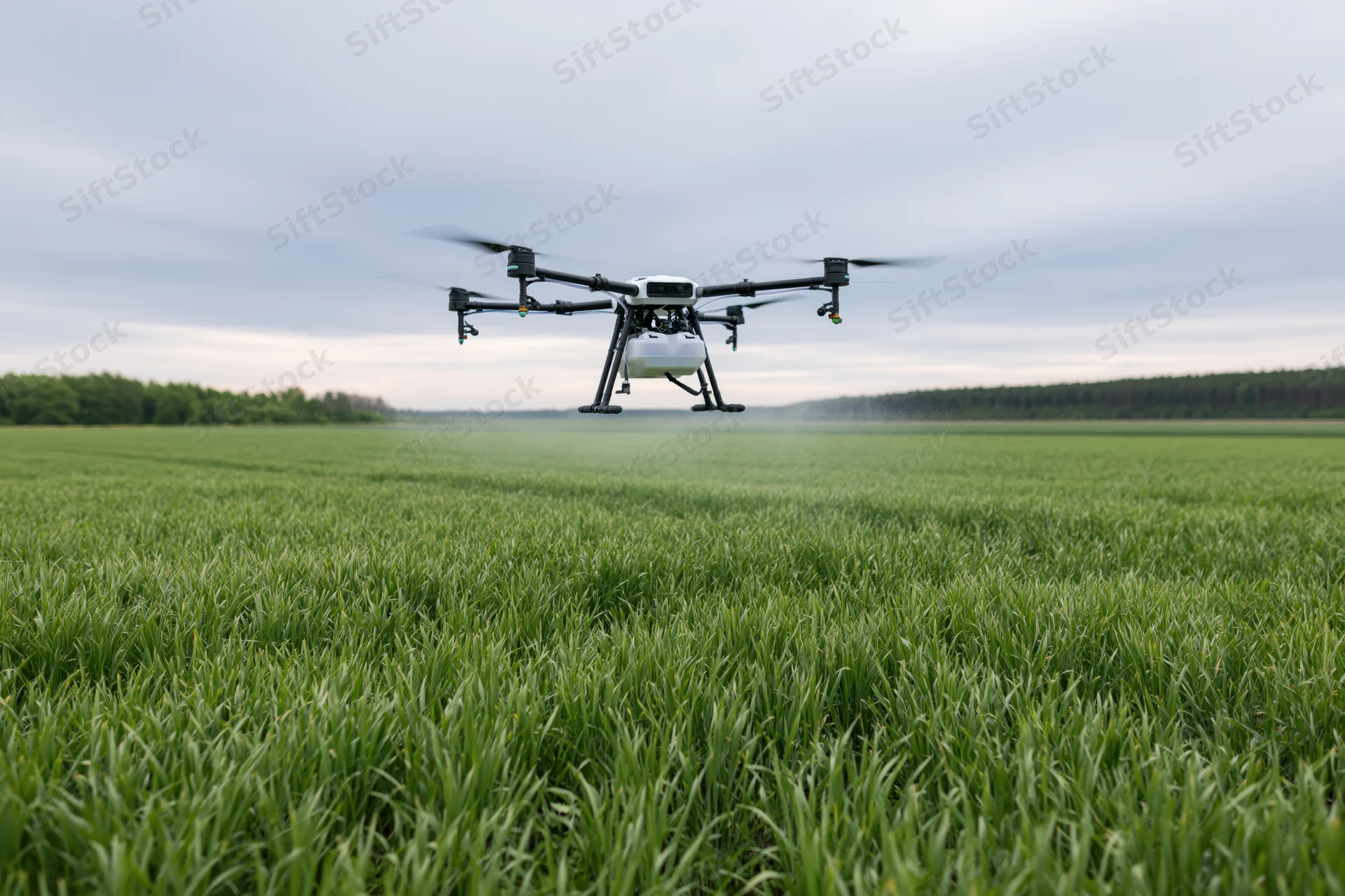 Agricultural sprayer drone hovering low over a dense green wheat field