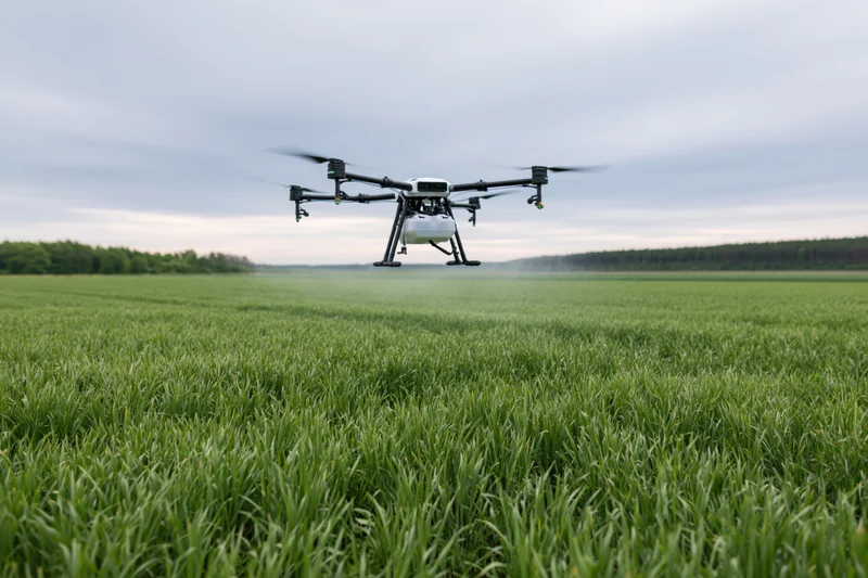Agricultural sprayer drone hovering low over a dense green wheat field
