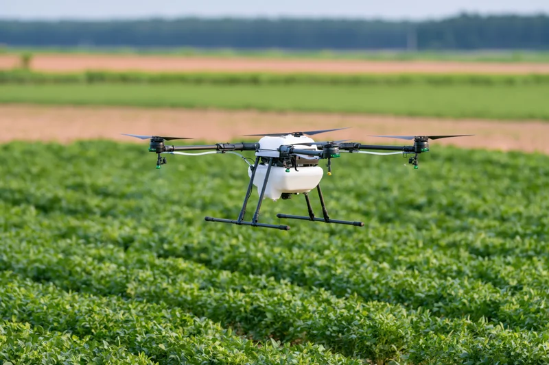 Agricultural sprayer drone hovering low over green crop field