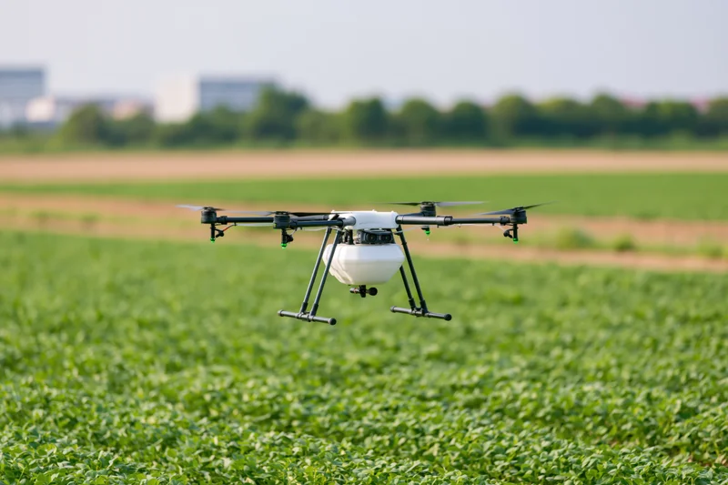 Agricultural sprayer drone hovering low over green crop field