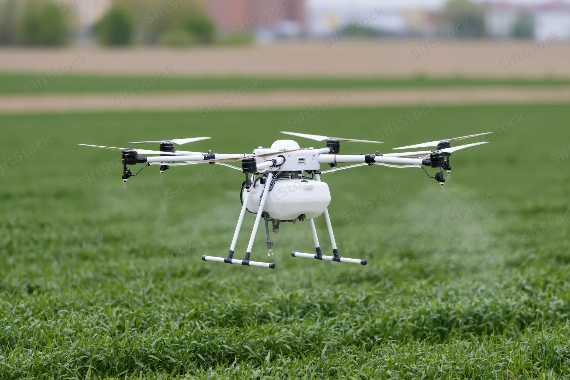White agricultural sprayer drone hovering low over green crop field