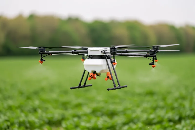 Agricultural sprayer drone hovering low over green crop field