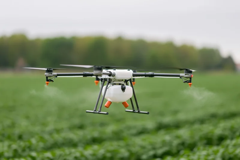 Agricultural sprayer drone hovering low over green crop field