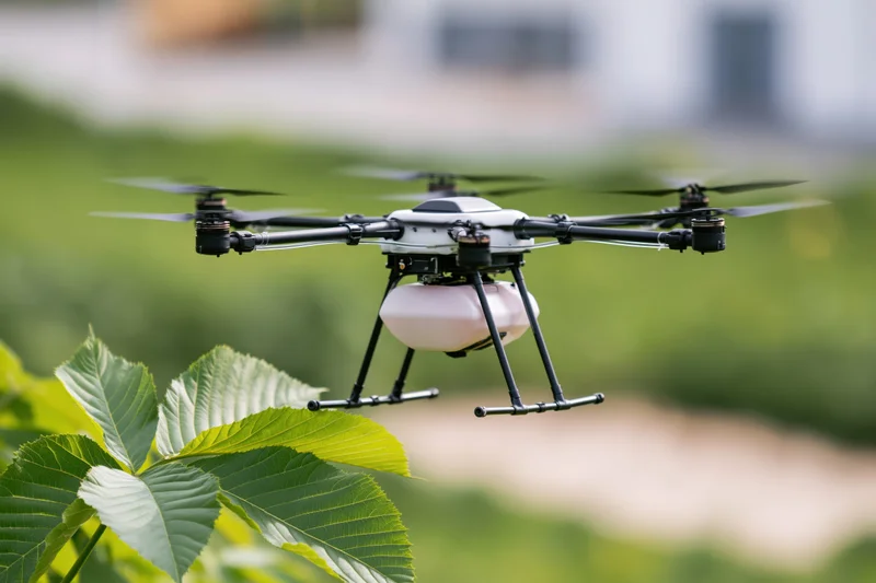 Agricultural sprayer drone hovering low over green leaf in field