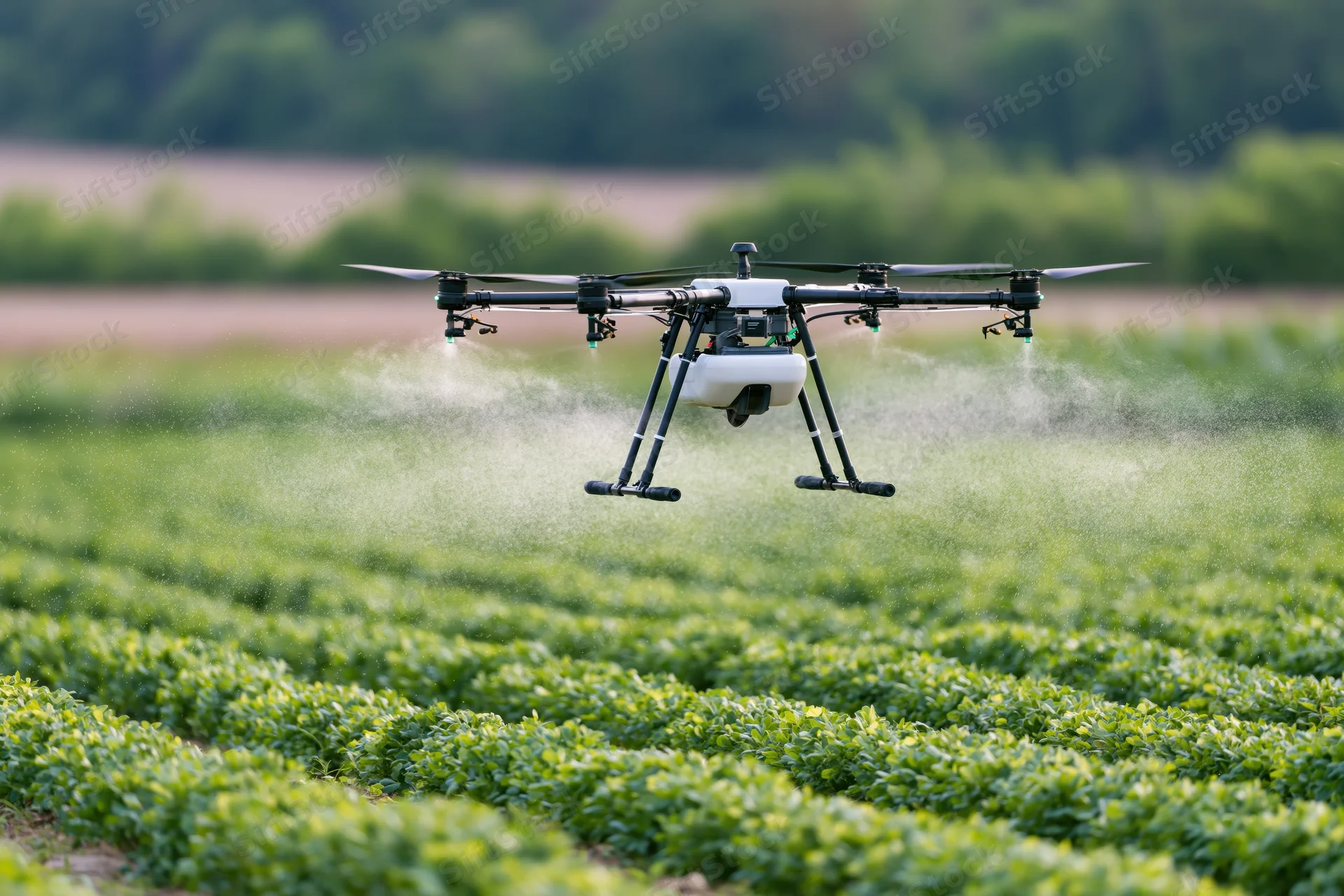 Drone spraying mist over rows of green crops in a field