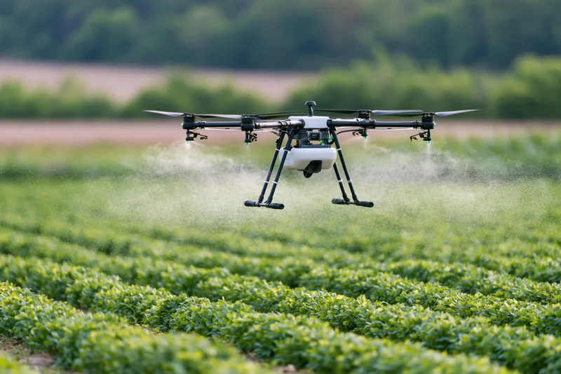 Drone spraying mist over rows of green crops in a field