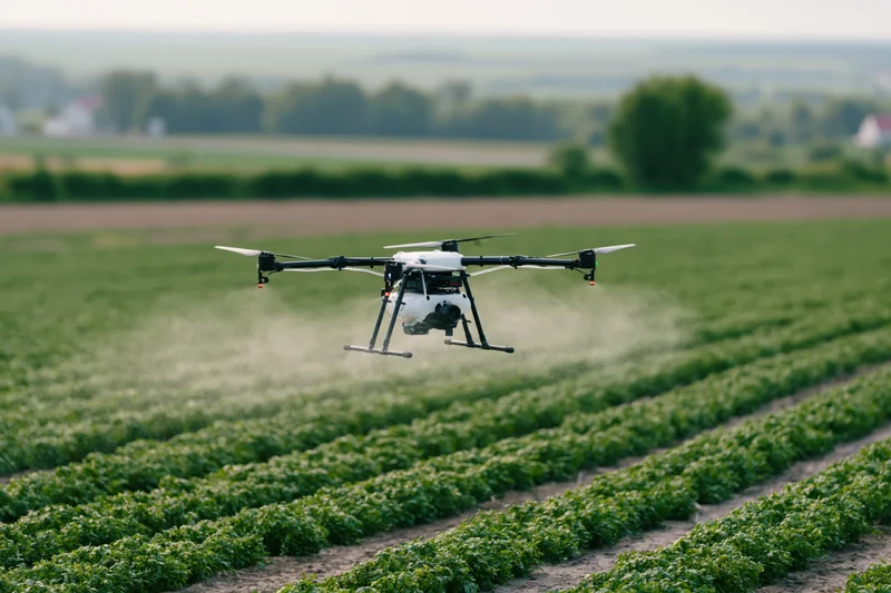 Drone hovering over green crop field spraying fine mist in mid-flight