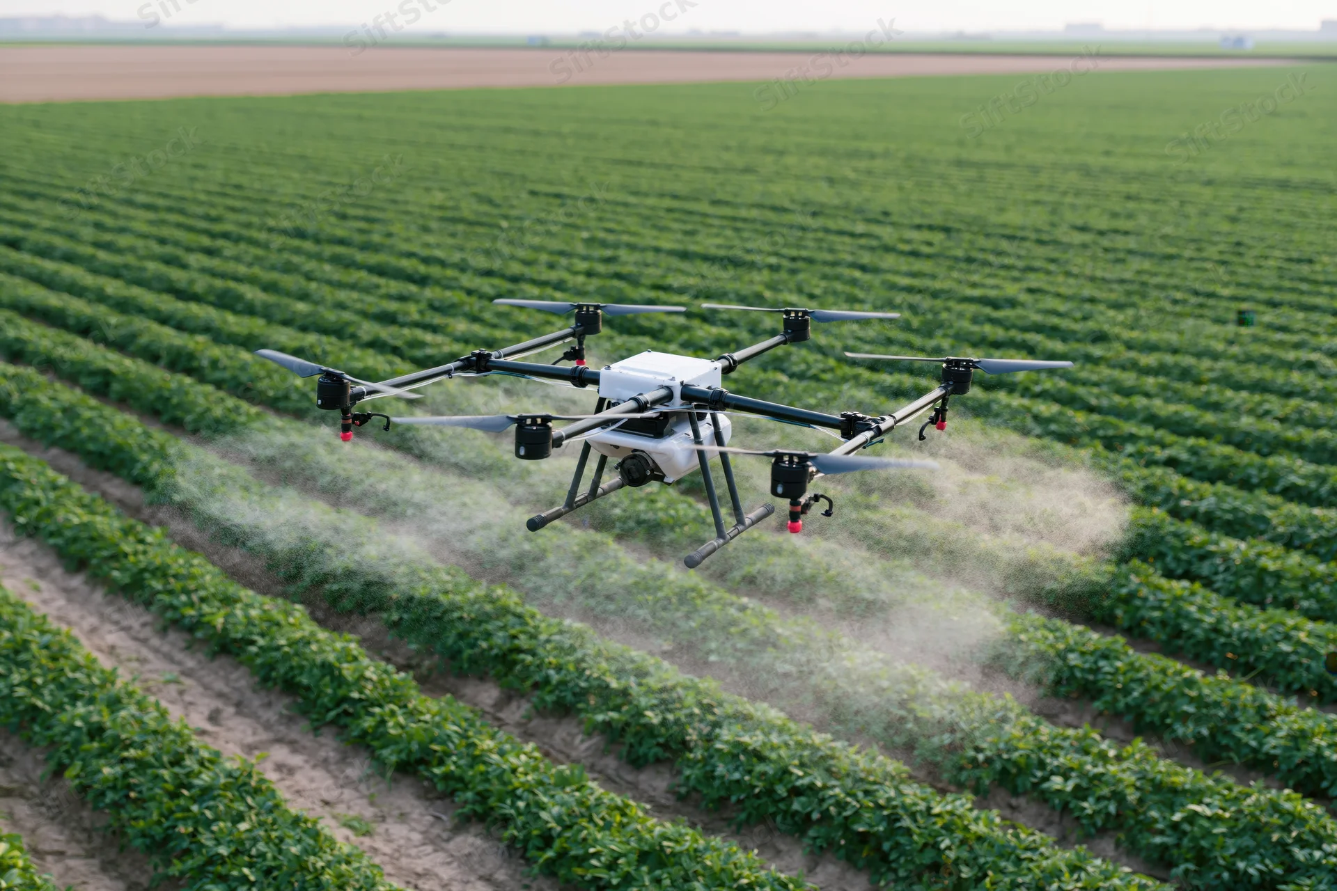 Drone spraying mist over rows of crops in a farm field