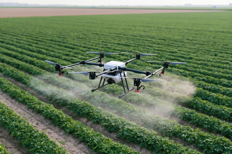 Drone spraying mist over rows of crops in a farm field