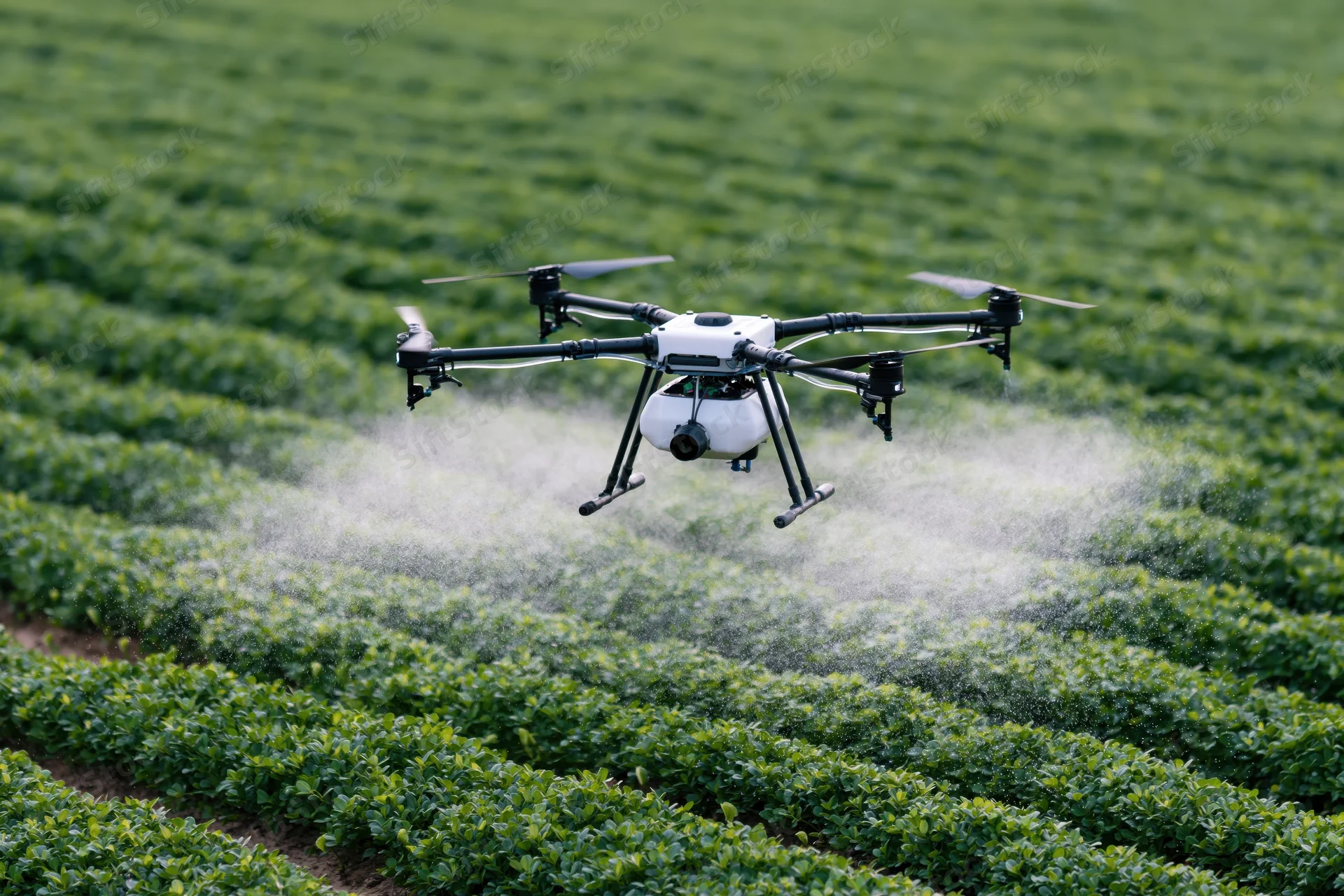 Drone spraying mist over rows of green crops in a farm field