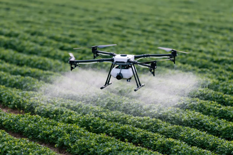 Drone spraying mist over rows of green crops in a farm field