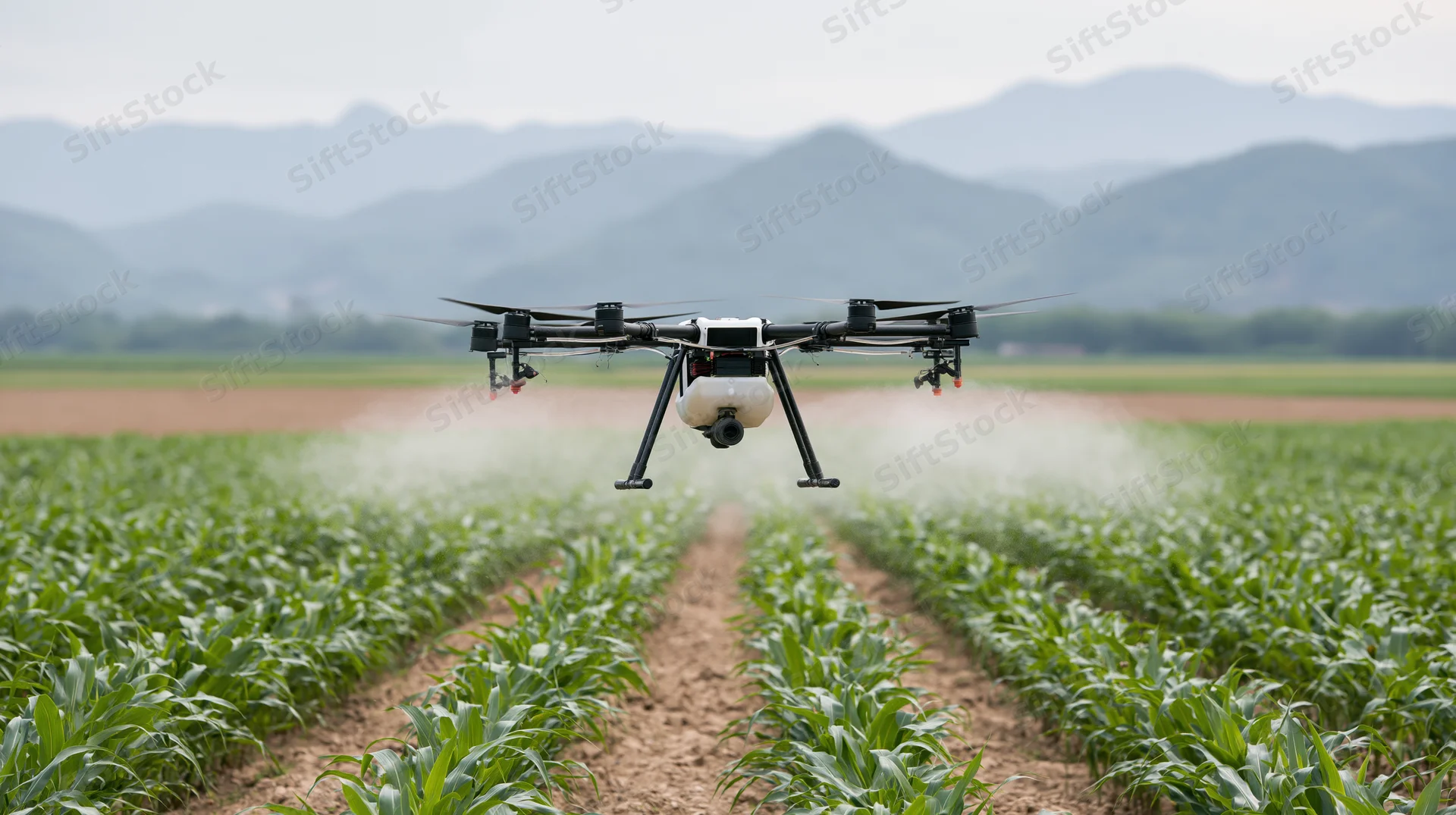 Drone spraying pesticide over rows of young corn in a farm field