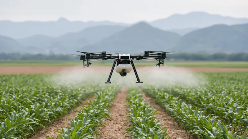Drone spraying pesticide over rows of young corn in a farm field