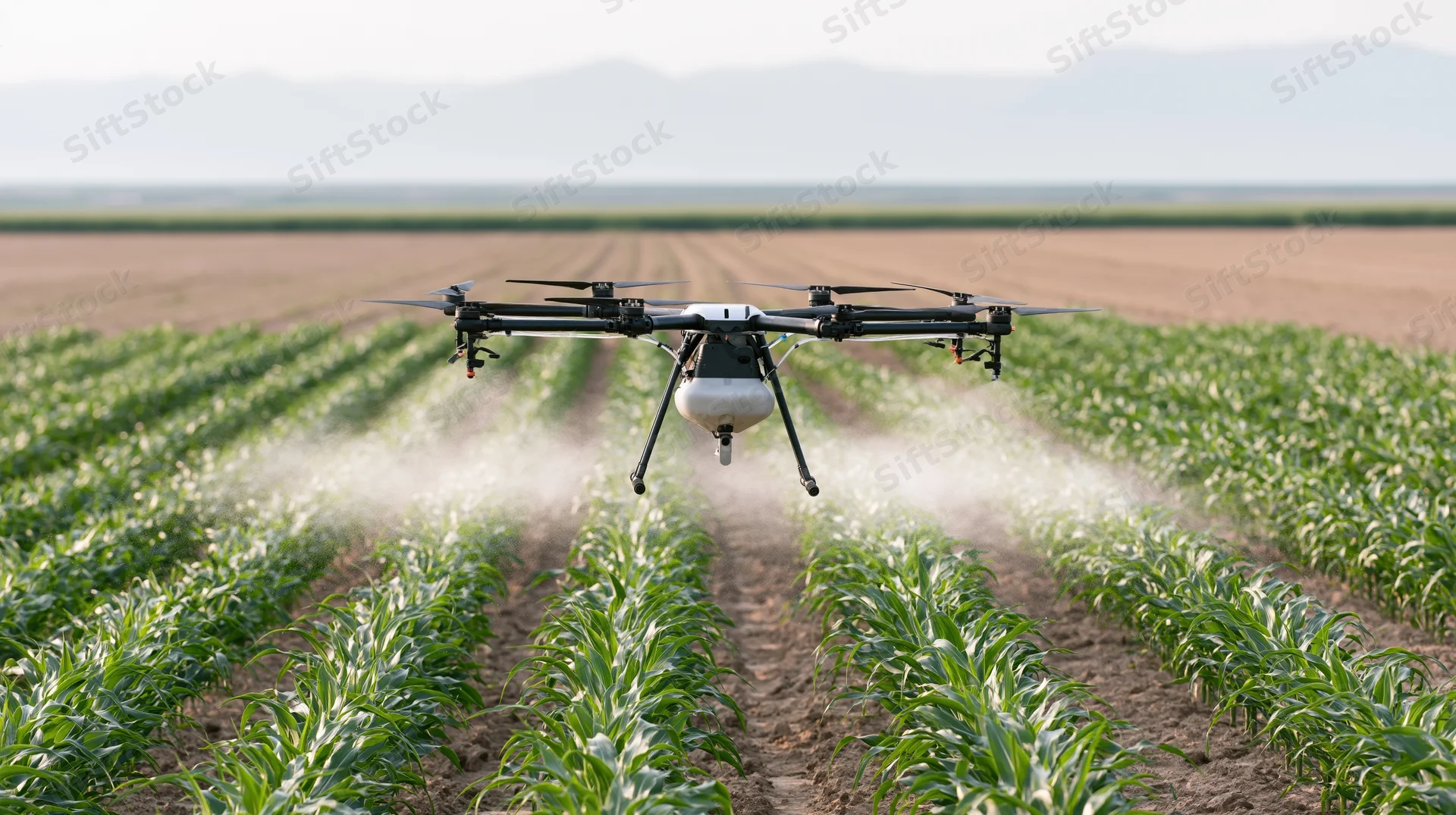 Drone spraying crops in a field with rows of young plants