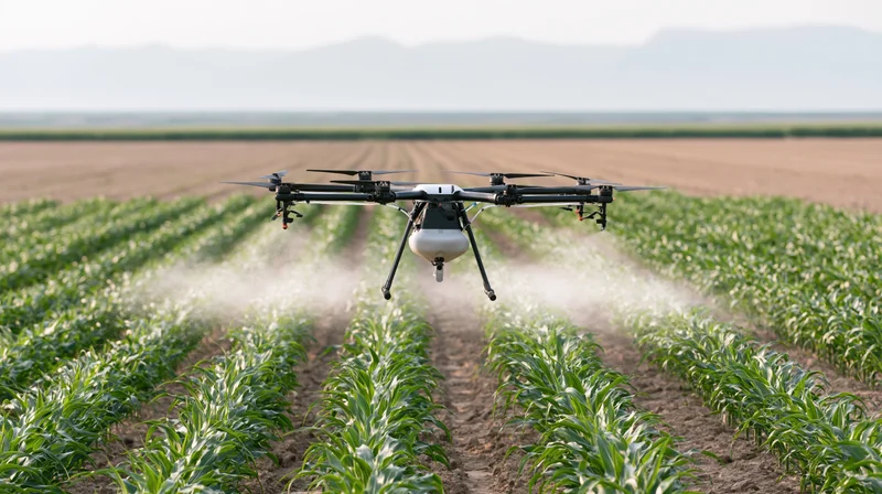 Drone spraying crops in a field with rows of young plants