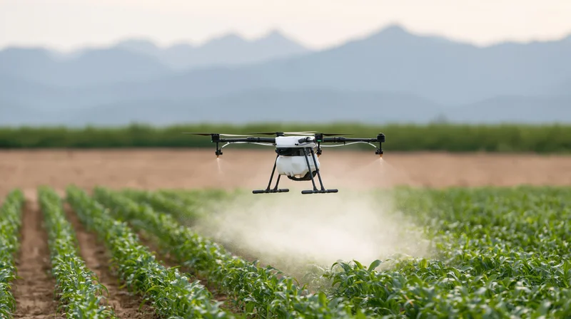 Drone hovering low over rows of young crops in a farm field