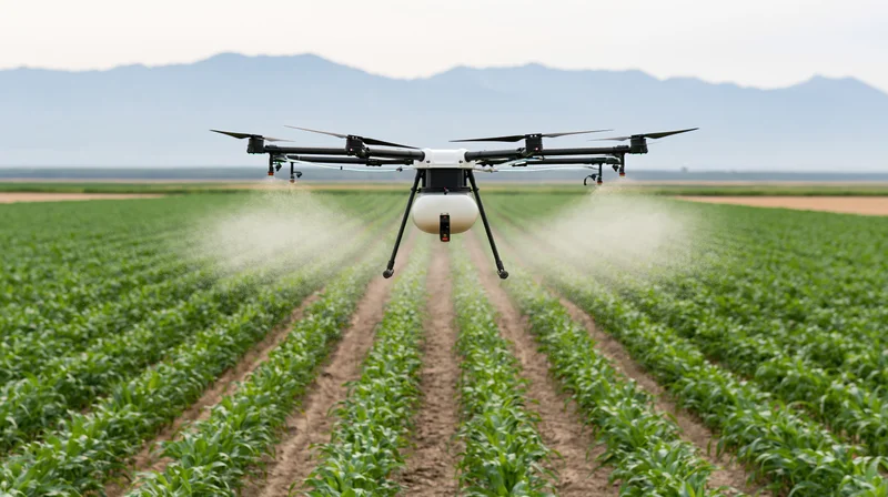 Drone spraying crops over rows in a farm field