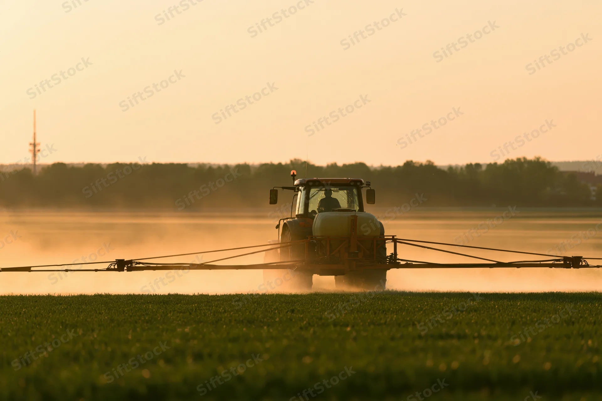 Tractor with wide spray boom applying pesticide across a green field at sunset